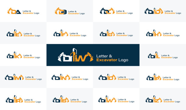 Excavator and Building with Alphabet Letter Logo. Heavy Equipment and Construction Company Logo Collection.
