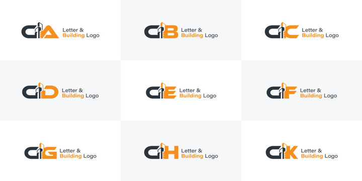 Excavator and Building with Alphabet Letter Logo. Heavy Equipment and Construction Company Logo Collection. ca, cb, cc, ce, cg, ch, ck, cf letters logos.
