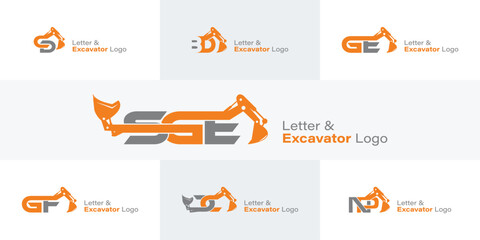 A collection of letters and excavator logos featuring creative typography and the heavy equipment construction industry. © Masum
