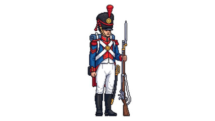 Obraz premium A colorful illustration of a French soldier from the Napoleonic Wars, dressed in a blue, red, and white uniform, holding a rifle and standing at attention.