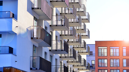 Luxury house complex of flats in condo area . Part of city real estate property, condo architecture on a sunny day no people.