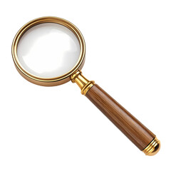 Vintage gold magnifying glass with wooden handle on black background
