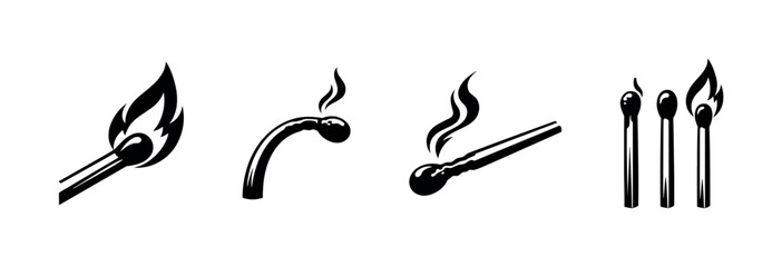 Burning matches icons set, vector symbols for ignition and fire collection