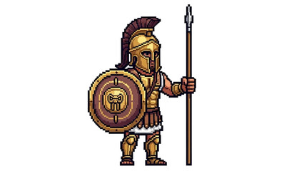 Fototapeta premium A pixel art illustration of a Spartan warrior in full armor holding a shield and spear