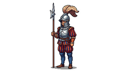 Fototapeta premium A pixel art illustration of a medieval knight in armor holding a spear
