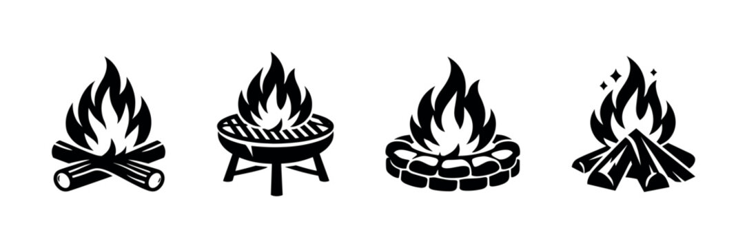 Campfire vector icons set: flames, logs, grill, stone circle for outdoor activities