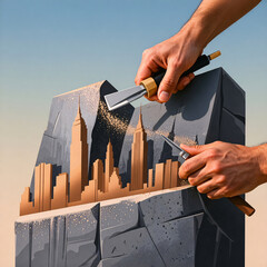 Hands sculpting a city skyline from stone, creative craftsmanship concept of building ideas and urban design; chisel and mallet carving architecture artwork
