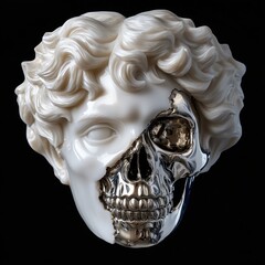 surreal marble bust statue with half face skull metal chrome on black background, gothic horror concept of death and mortality.