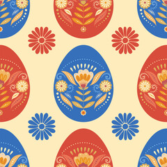 Seamless Easter eggs pattern with folk floral ornaments in retro style
