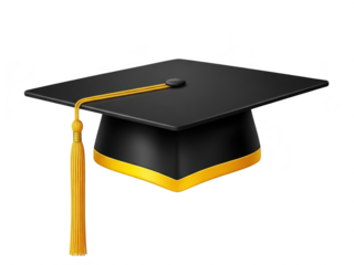 Vector illustration of a black graduation cap with yellow tassel and trim on transparent background