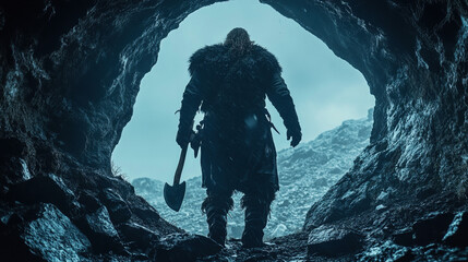 Mysterious Warrior Emerging from Cave Entrance