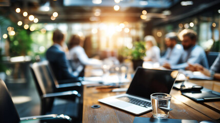 Defocused teamwork in office meeting, blurred collaborative workspace, professional team coordination scene, with copy space