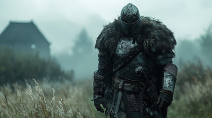 Mysterious Armored Knight in Foggy Landscape