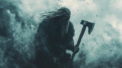 Fierce Warrior with Axe in Stormy Landscape