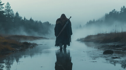 Mysterious Warrior Walking Through Foggy Wilderness