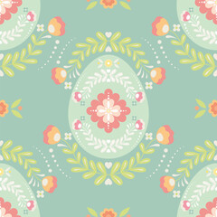 Seamless Easter eggs pattern with folk floral motifs in vintage colors