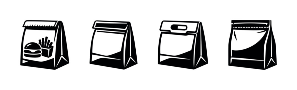 Food packaging vector icons set. fast food bags, takeaway designs, meal symbols.