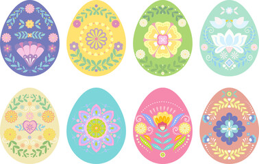 Set of decorative Easter eggs with folk floral ornaments