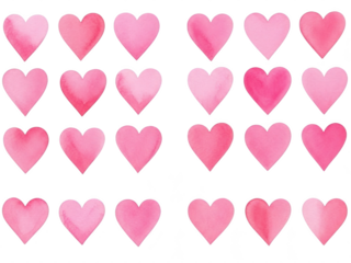 Multiple pink heart shapes in rows on a transparent background