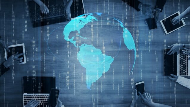 Global network connection visualization showing data exchange, digital link, worldwide communication. Global data flow and digital network infrastructure connecting regions around the world. Thunk - Powered by Adobe