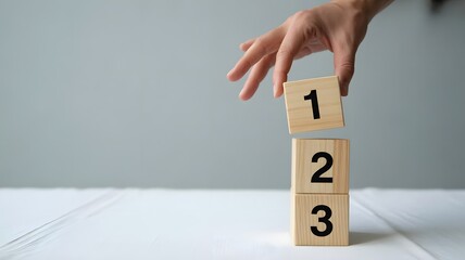 Hand stacking wooden blocks with numbers 1 2 3