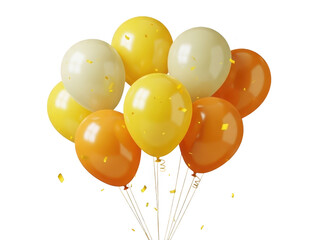 Bunch of yellow and orange balloons isolated on transparent background with confetti