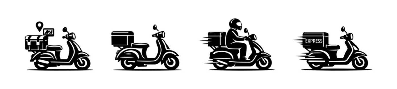 Delivery scooters vector icons set: retro scooters, signage, express service