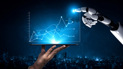 A robotic hand presents a glowing data visualization on a tablet, showcasing graphs and analytics against a dark urban skyline, symbolizing advanced technology integration. Scalp