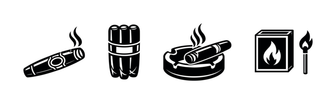 Cigar vector icons set: tobacco, smoke, ashtray, matchbox illustrations