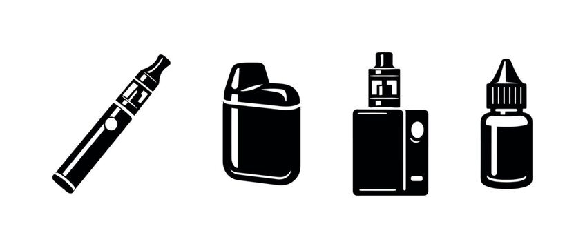 Vaping devices vector icons set: e-cigarettes, mods, vape juice, symbols collection