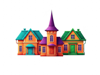 Colorful illustration of a whimsical house with a tall spire and green roofs isolated on transparent background