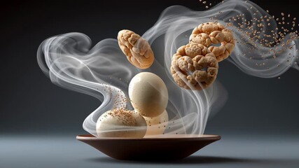 Floating eggs and baked goods in motion with swirling smoke and flying particles creating a dynamic culinary scene showcasing the art of food presentation and visual appeal
