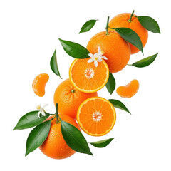 Fresh oranges and leaves isolated on transparent background