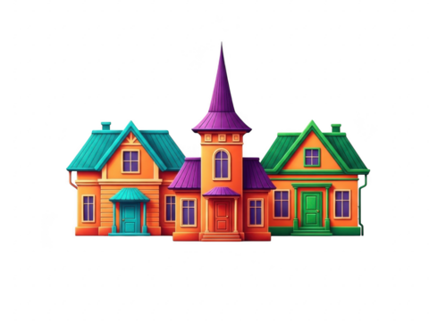 Colorful illustration of a whimsical house with a tall spire and green roofs isolated on transparent background - Powered by Adobe