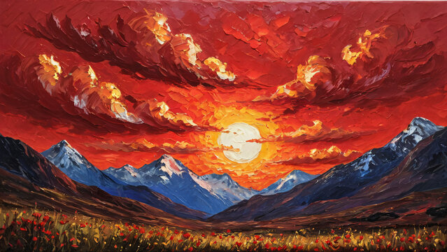 &Ouml;lgem&auml;lde einer Berglandschaft bei Sonnenuntergang