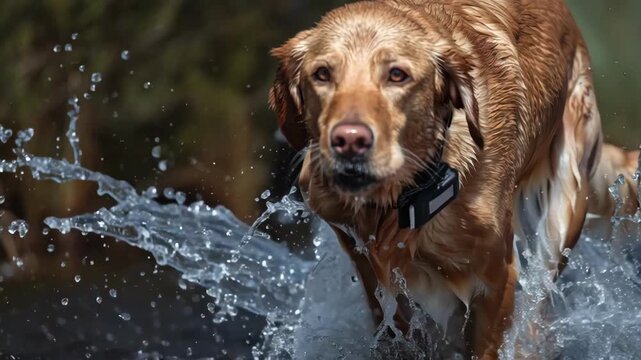 Medium shot of a dog running through water equipped with a waterproof smart collar designed for active pets in wet environments.