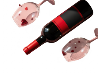 A wine bottle and two glasses with hearts on a transparent background for valentines day