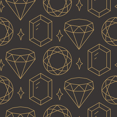 Diamond shapes outline seamless vector pattern for luxury brand or jewelry wrap paper design. Gold shapes on brown backdrop