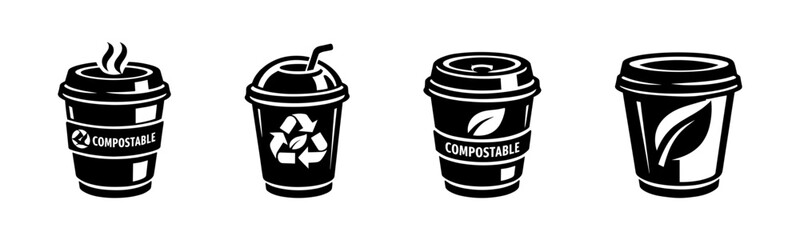 Compostable coffee cups vector icons set: eco-friendly, recycling symbols, black solid