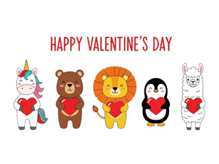 Fototapeta premium Happy valentines day card with cute cartoon animals holding hearts on transparent background