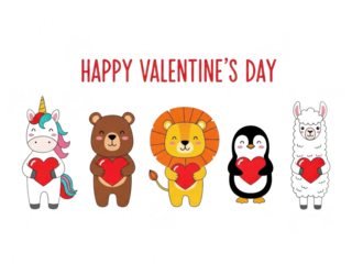 Happy valentines day card with cute cartoon animals holding hearts on transparent background