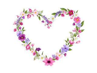 Colorful heart shaped floral wreath with pink and purple flowers isolated on transparent background