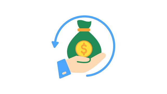 Refund 2D Objects Animation Flat Cartoon 4K Video with Money bag, arrow, hand. Transparent Alpha Channel. Editable Animated Icon On Transparent Background For Investment, Finance.