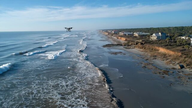 Footage of drone navigating a coastal area monitoring shoreline changes and supporting environmental preservation efforts.
