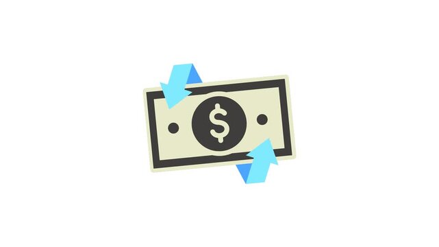 Refund 2D Objects Animation Flat Cartoon 4K Video with Banknotes, Arrow, Transparent Alpha Channel. Editable Animated Icon On Transparent Background For Investment, Finance.