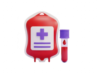 Red blood bag and test tube on isolated transparent background for medical concept