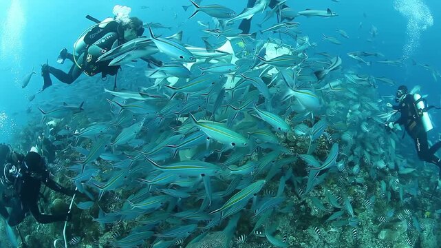 Scuba divers explore the vibrant coral reefs of Fiji and witness a spectacular shark feeding. A school of colorful fish surrounds the reef during this unique underwater experience.