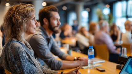 Defocused attentive audience members, blurred seminar attendees, professional learning scene, with copy space