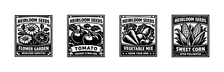 Heirloom seeds vector icons set: gardening, organic labels, vintage seed packets