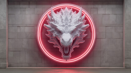 The white dragon head sculpture in a vivid circle frame is an artwork on the wall, showing bold detail in a room. © Kyrtap_Studio